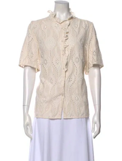 Pre-owned Sézane Lace Pattern Short Sleeve Blouse In Neutral