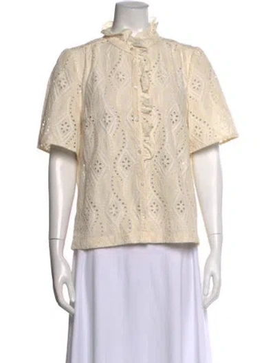 Pre-owned Sézane Lace Pattern Short Sleeve Blouse In Neutral