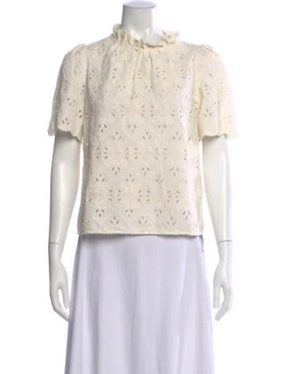 Pre-owned Sézane Lace Pattern Short Sleeve Blouse In White