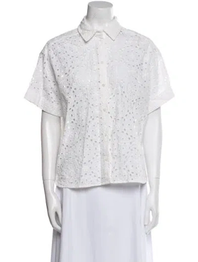 Pre-owned Sézane Lace Pattern Short Sleeve Button-up Top In White