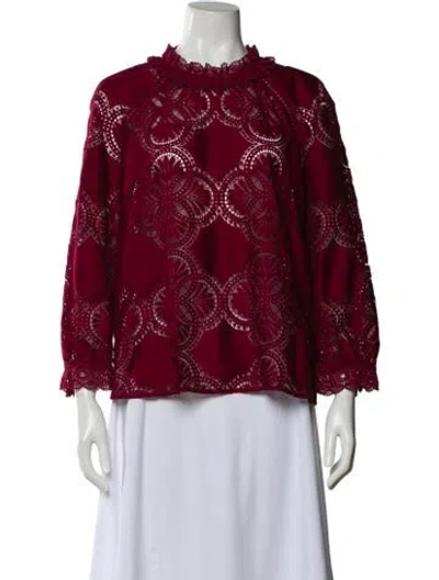 Pre-owned Sézane Lace Pattern Three-quarter Sleeve Blouse In Red