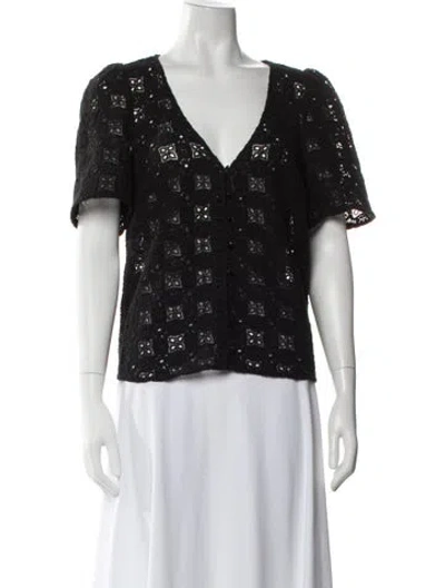 Pre-owned Sézane Lace Pattern V-neck Blouse In Black