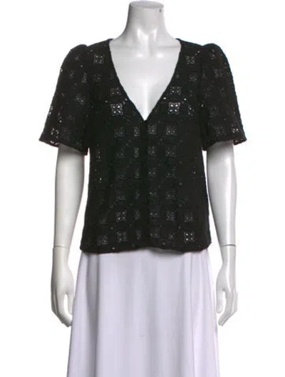 Pre-owned Sézane Lace Pattern V-neck Blouse W/ Tags In Black