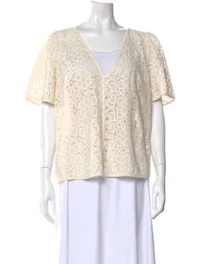 Pre-owned Sézane Lace Pattern V-neck Blouse In White