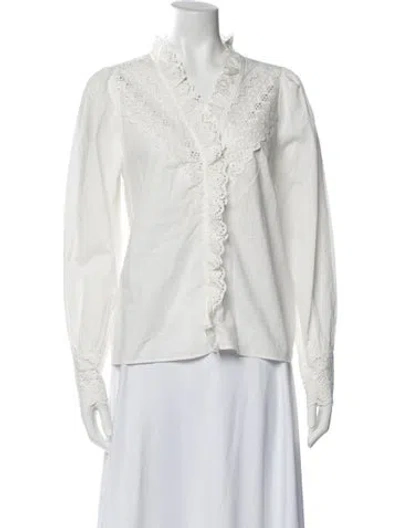 Pre-owned Sézane Lace Pattern V-neck Blouse In White