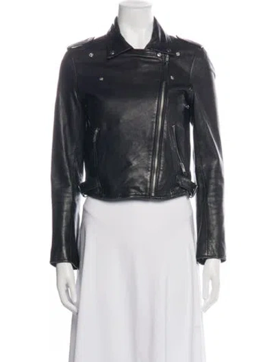 Pre-owned Sézane Lamb Leather Biker Jacket In Black