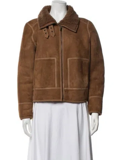 Pre-owned Sézane Lamb Leather Biker Jacket In Brown