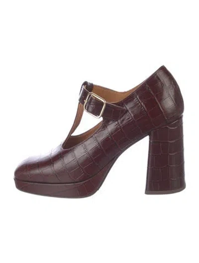 Pre-owned Sézane Leather Animal Print T-strap Pumps In Burgundy