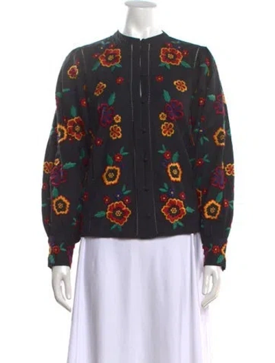 Pre-owned Sézane Linen Floral Print Blouse In Black