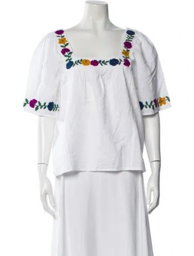 Pre-owned Sézane Linen Floral Print Blouse In White