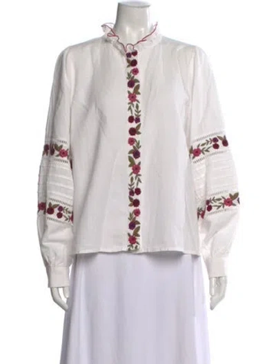 Pre-owned Sézane Linen Floral Print Blouse In White