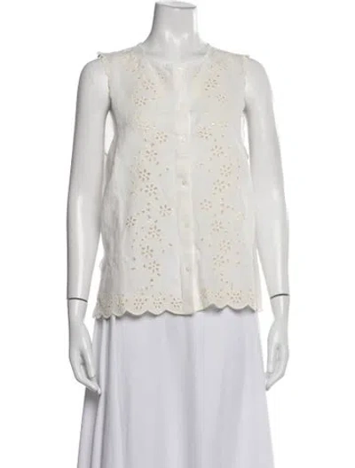 Pre-owned Sézane Linen Floral Print Blouse In White