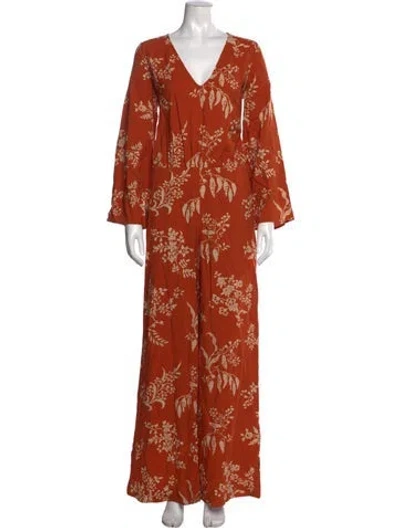 Pre-owned Sézane Linen Floral Print Jumpsuit In Orange