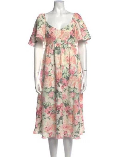 Pre-owned Sézane Linen Midi Length Dress W/ Tags In Green/pink/white