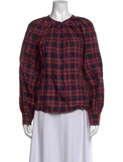 Pre-owned Sézane Linen Plaid Print Blouse In Multicolor