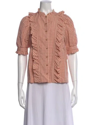 Pre-owned Sézane Linen Plaid Print Blouse In Pink