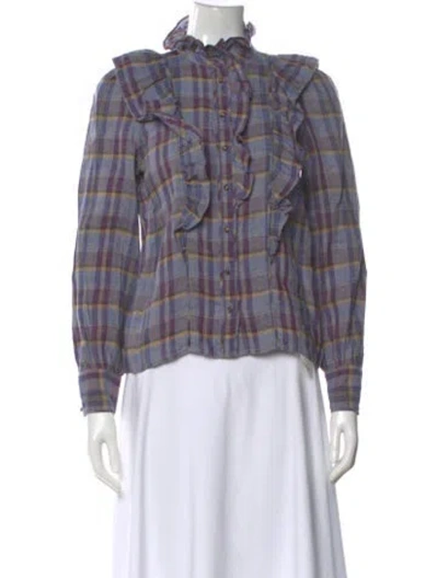 Pre-owned Sézane Linen Plaid Print Blouse In Purple