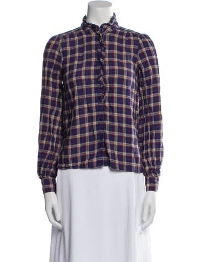 Pre-owned Sézane Linen Plaid Print Button-up Top In Blue