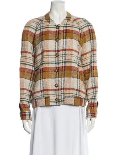 Pre-owned Sézane Linen Plaid Print Evening Jacket In Brown