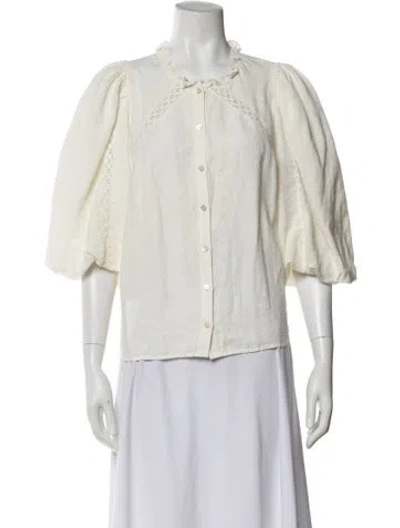 Pre-owned Sézane Linen Three-quarter Sleeve Blouse In White