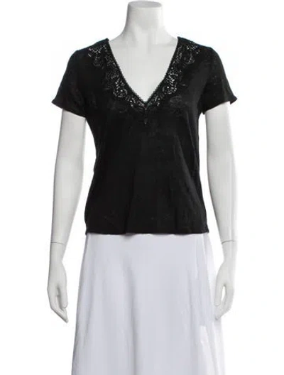 Pre-owned Sézane Linen V-neck T-shirt In Black