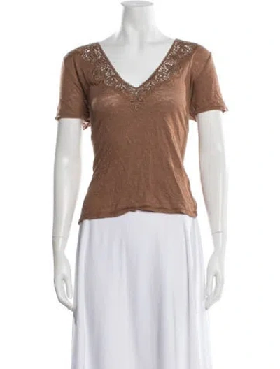 Pre-owned Sézane Linen V-neck T-shirt In Brown