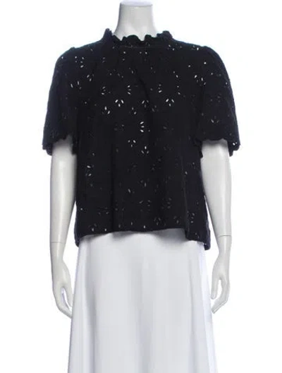 Pre-owned Sézane Mock Neck Short Sleeve Blouse In Blue