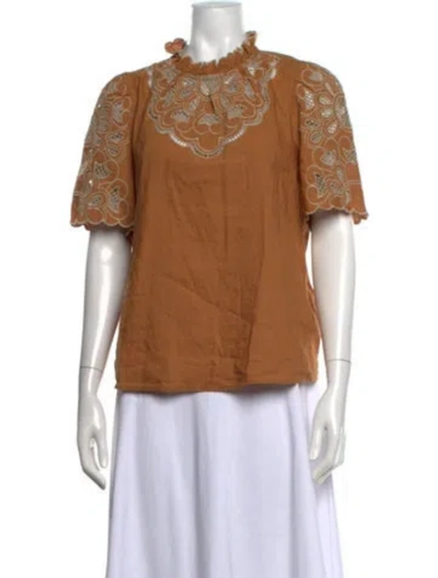 Pre-owned Sézane Mock Neck Short Sleeve Blouse In Brown