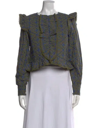 Pre-owned Sézane Plaid Print Crew Neck Blouse In Green