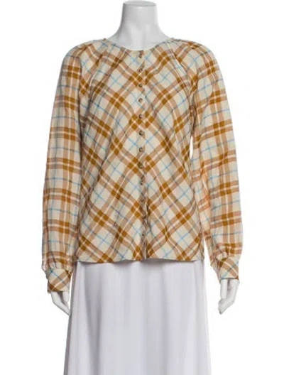 Pre-owned Sézane Plaid Print Crew Neck Blouse In Purple