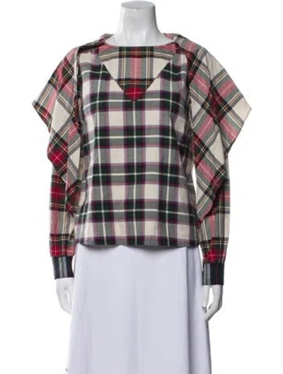 Pre-owned Sézane Plaid Print Crew Neck Top In White