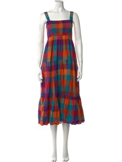 Pre-owned Sézane Plaid Print Long Dress In Orange