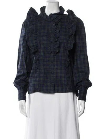 Pre-owned Sézane Plaid Print Long Sleeve Blouse In Blue