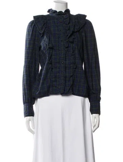 Pre-owned Sézane Plaid Print Long Sleeve Blouse In Blue