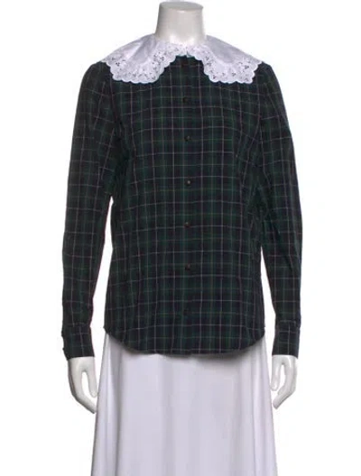 Pre-owned Sézane Plaid Print Long Sleeve Blouse In Blue/green