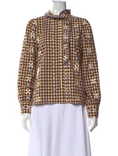 Pre-owned Sézane Plaid Print Long Sleeve Blouse In Brown