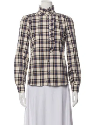 Pre-owned Sézane Plaid Print Long Sleeve Blouse W/ Tags In Green