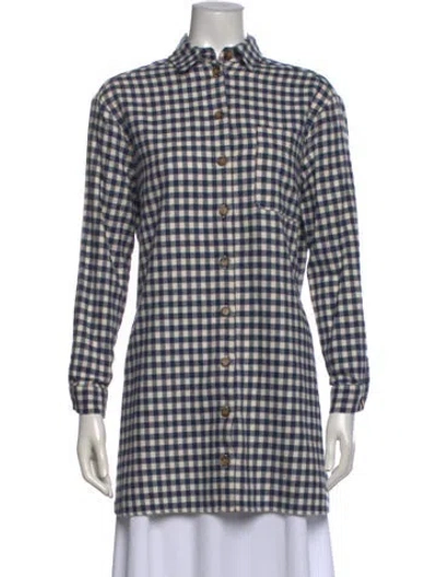 Pre-owned Sézane Plaid Print Long Sleeve Button-up Top In Blue