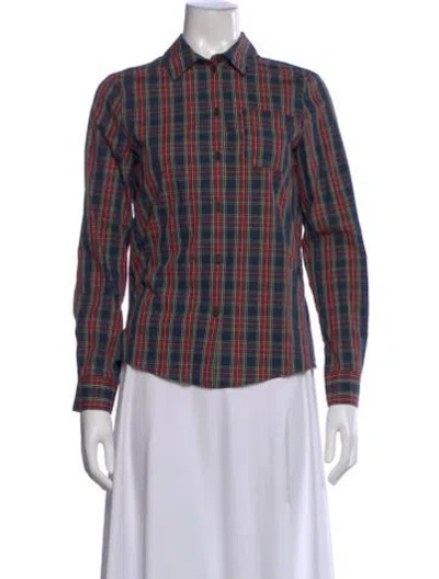 Pre-owned Sézane Plaid Print Long Sleeve Button-up Top In Blue