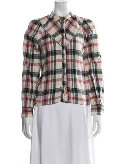 Pre-owned Sézane Plaid Print Long Sleeve Button-up Top In Green