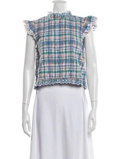 Pre-owned Sézane Plaid Print Mock Neck Blouse In Blue