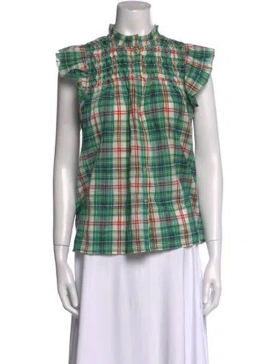Pre-owned Sézane Plaid Print Mock Neck Blouse In Green
