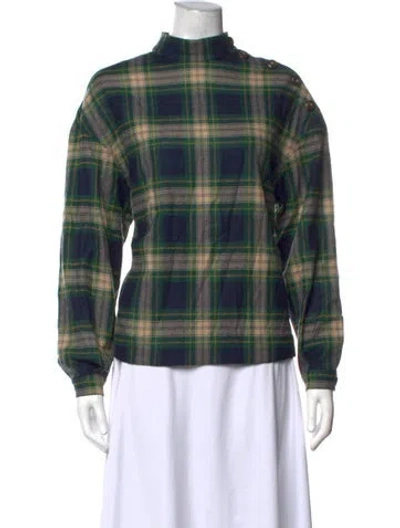 Pre-owned Sézane Plaid Print Mock Neck Blouse W/ Tags In Green