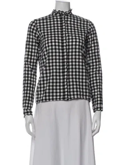 Pre-owned Sézane Plaid Print Mock Neck Button-up Top In Black