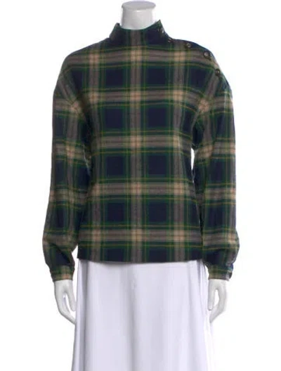Pre-owned Sézane Plaid Print Mock Neck Sweatshirt In Green