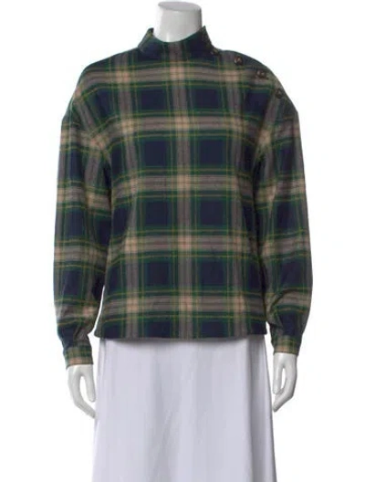 Pre-owned Sézane Plaid Print Mock Neck Top In Green