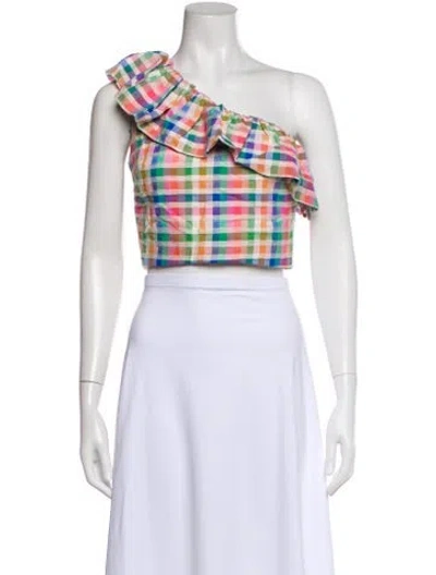 Pre-owned Sézane Plaid Print One-shoulder Crop Top W/ Tags In White