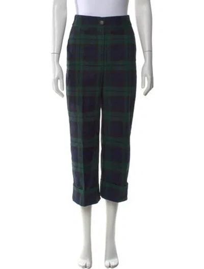 Pre-owned Sézane Plaid Print Straight Leg Pants In Green