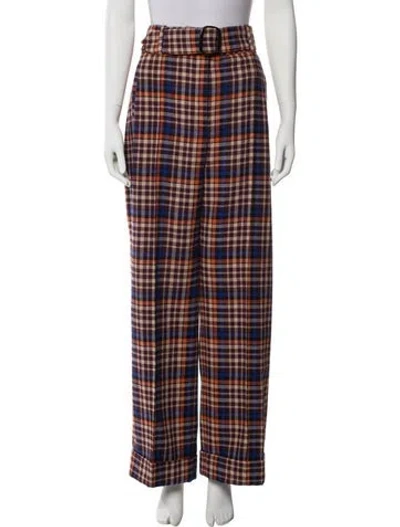 Pre-owned Sézane Plaid Print Wide Leg Pants In Brown