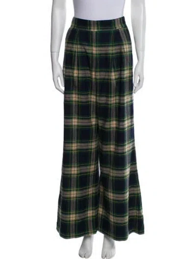 Pre-owned Sézane Plaid Print Wide Leg Pants In Green